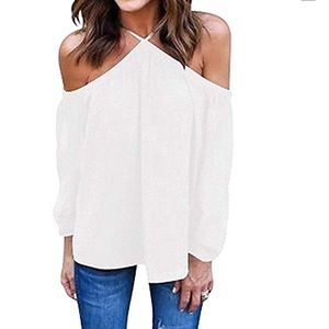 Off the shoulder, long sleeve white chiffon blouse